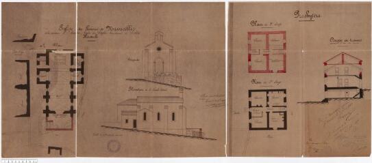 Construction à l'église et au presbytère du hameau de Navacelles : plans, élévation et coupe / dressé par l'architecte soussigné [signature illisible].