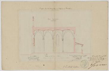 1 vue  - Projet de construction de l\'église : coupe longitudinale / dressé par l\'architecte d\'arrondissement. – 1857. 2 O 102/4/10 (ouvre la visionneuse)