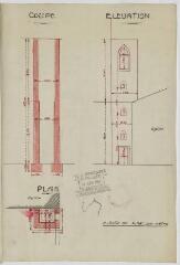 1 vue  - Projet de construction d\'un clocher : plans, coupe et élévation / dressé par l\'architecte. – 1937. 2 O 102/4/11 (ouvre la visionneuse)