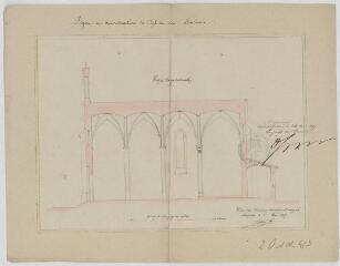 1 vue  - Projet de reconstruction de l\'église de Fontanès : coupe longitudinale / dressé par l\'architecte d\'arrondissement. – 1857. 2 O 102/4/3 (ouvre la visionneuse)