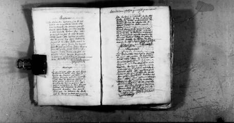 7 vues  - Protestants.- Baptêmes, mariages, sépultures (1669-1670) 5 MI 15/13 (ouvre la visionneuse)