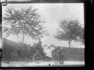 1 vue  - Femmes dans un véhicule à quatre roues tiré par deux chevaux et conduite par un homme. / [Anonyme] (ouvre la visionneuse)